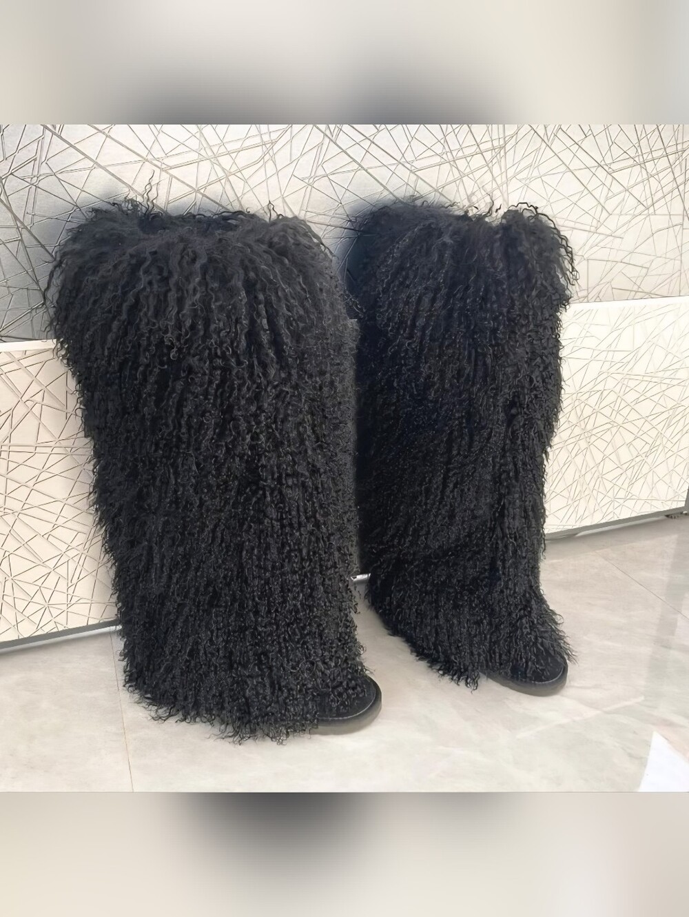 Genuine Mongolian Sheep Fur Black Knee Boots. NWT Size 8